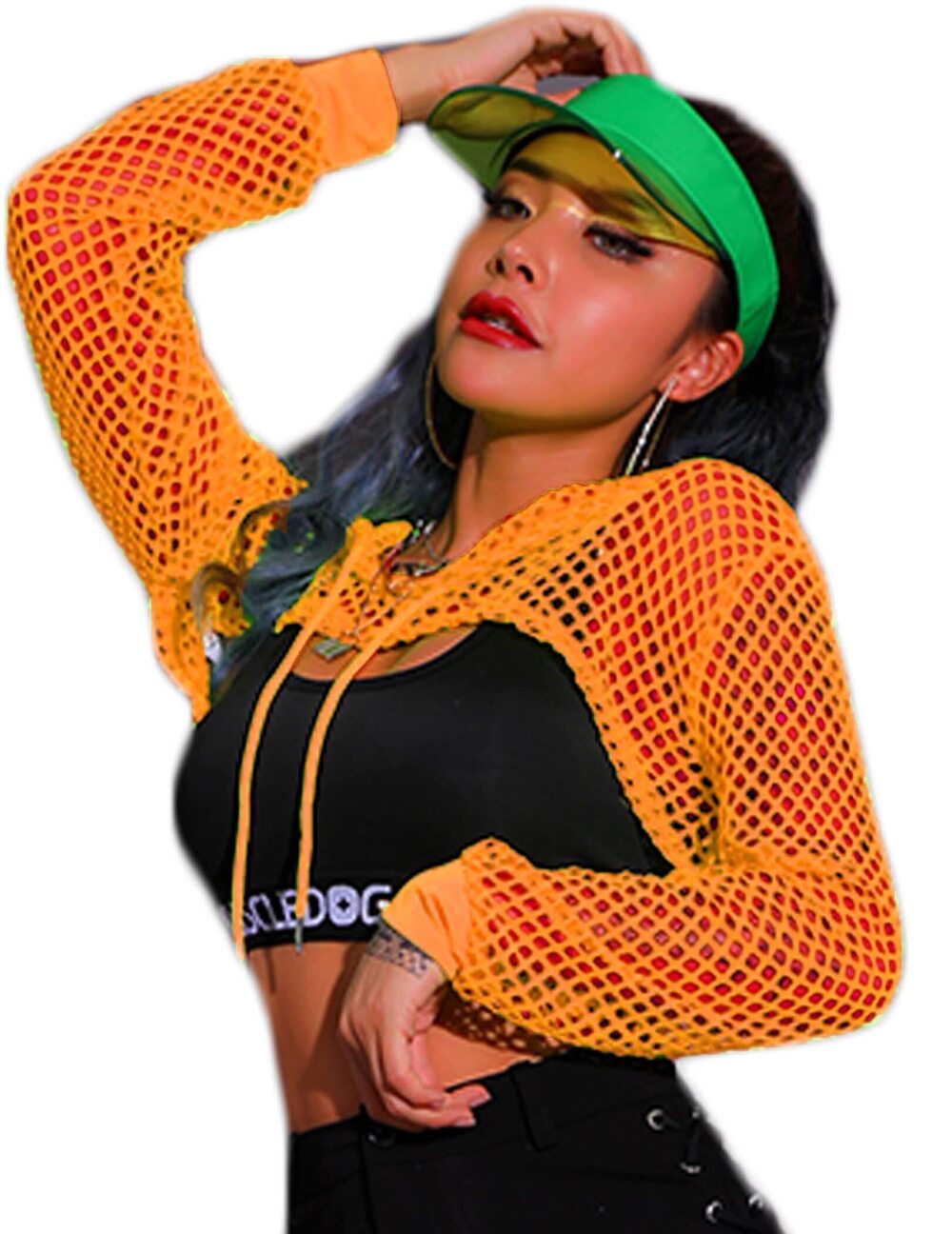 6802 Fishnet Crop Top 80S Shirt Mesh T Shirts Orange M